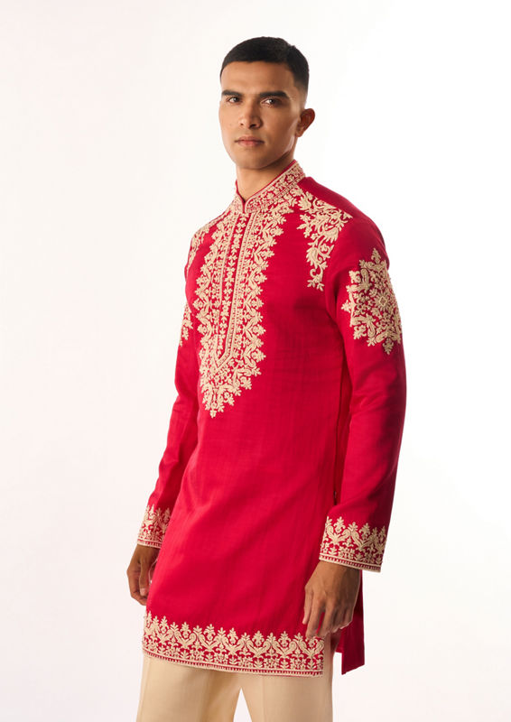Twamev Men Pink Satin Kurta Set with Embroidery