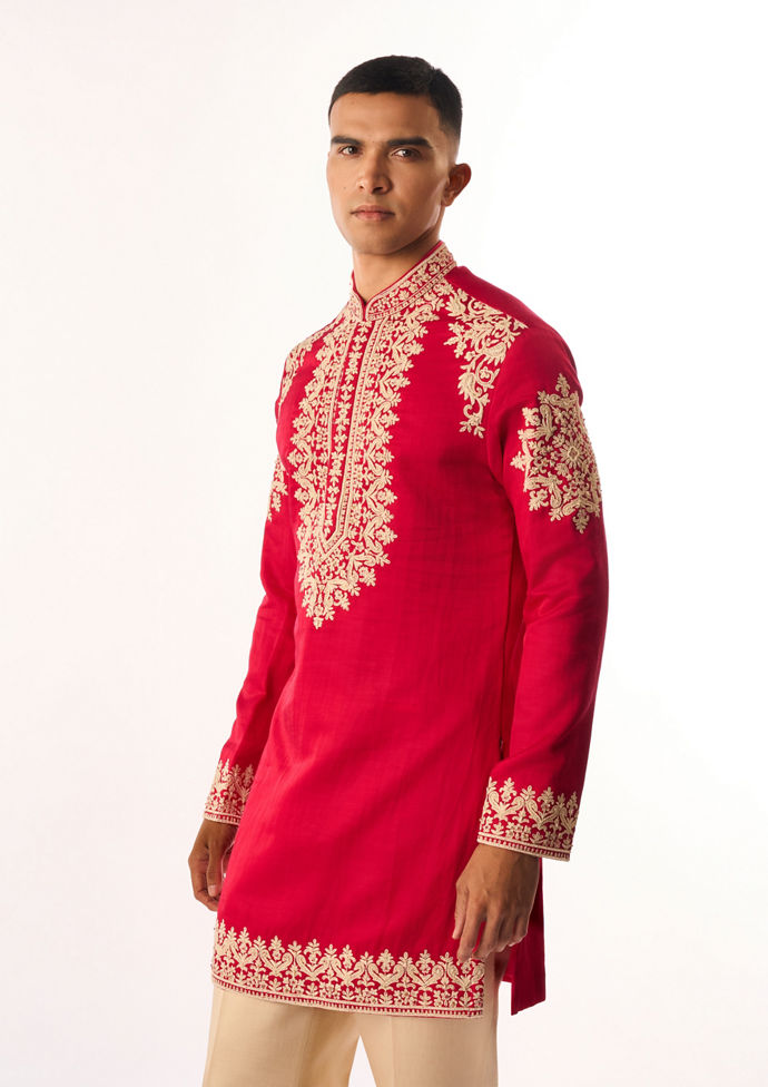 Twamev Men Pink Satin Kurta Set with Embroidery