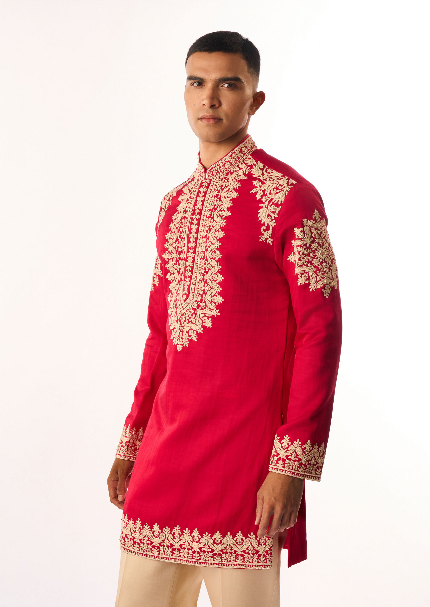 Twamev Men Pink Satin Kurta Set with Embroidery
