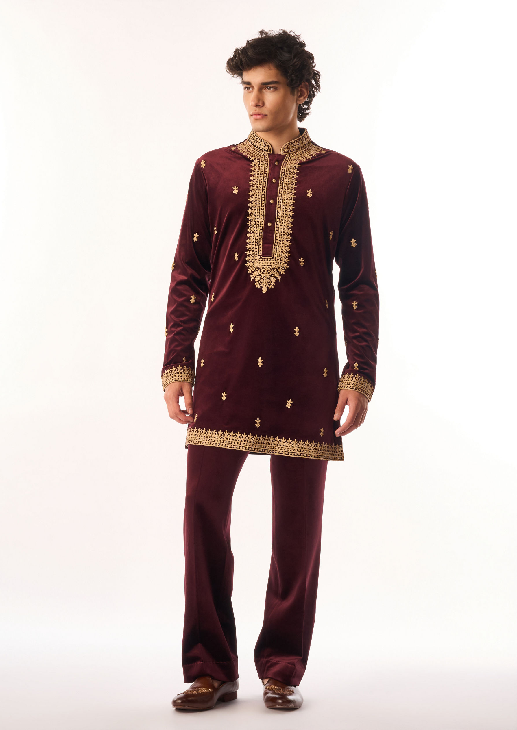 Twamev Men Maroon Velvet Kurta Set with Embroidery