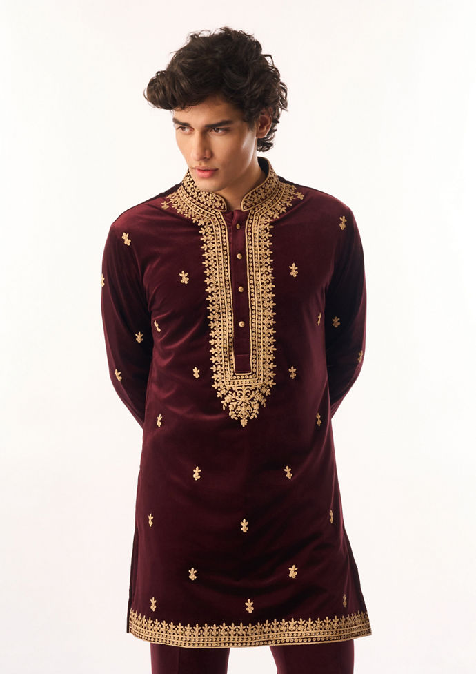 Twamev Men Maroon Velvet Kurta Set with Embroidery