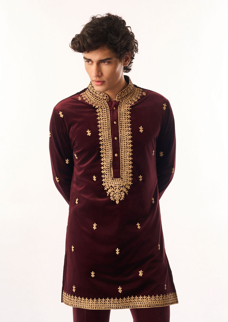 Twamev Men Maroon Velvet Kurta Set with Embroidery