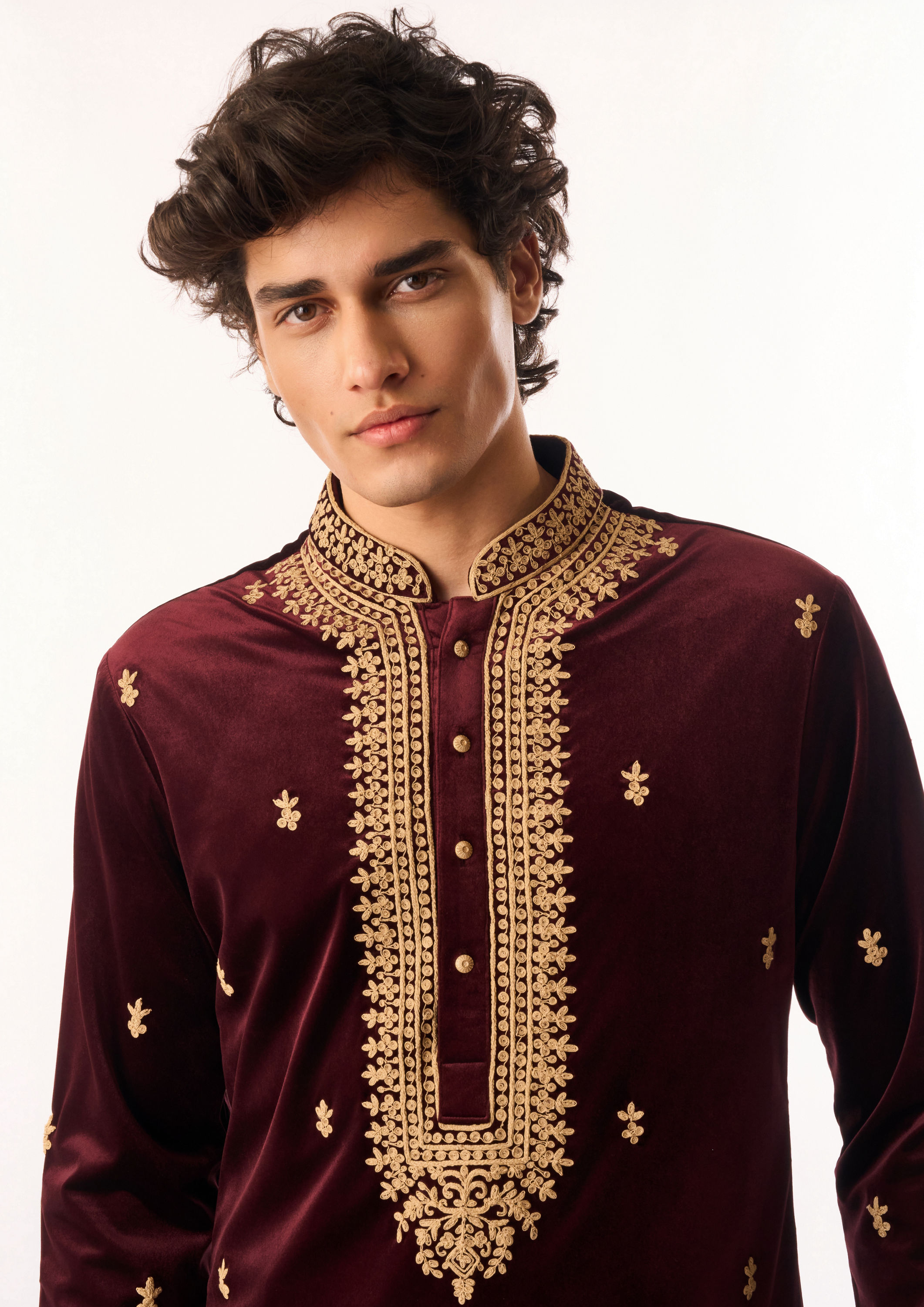 Twamev Men Maroon Velvet Kurta Set with Embroidery