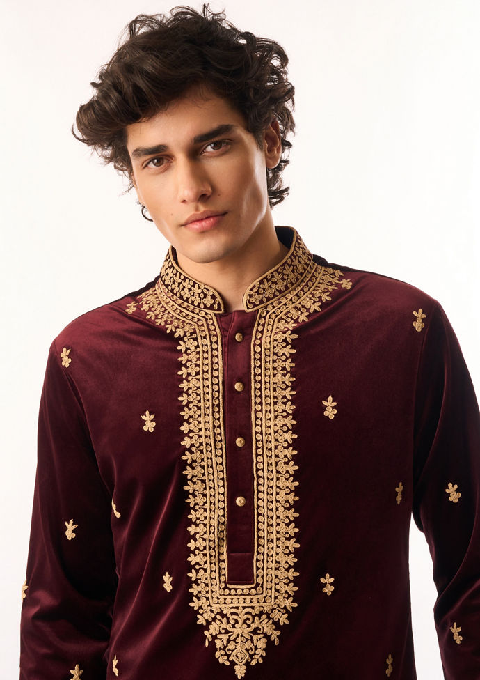 Twamev Men Maroon Velvet Kurta Set with Embroidery