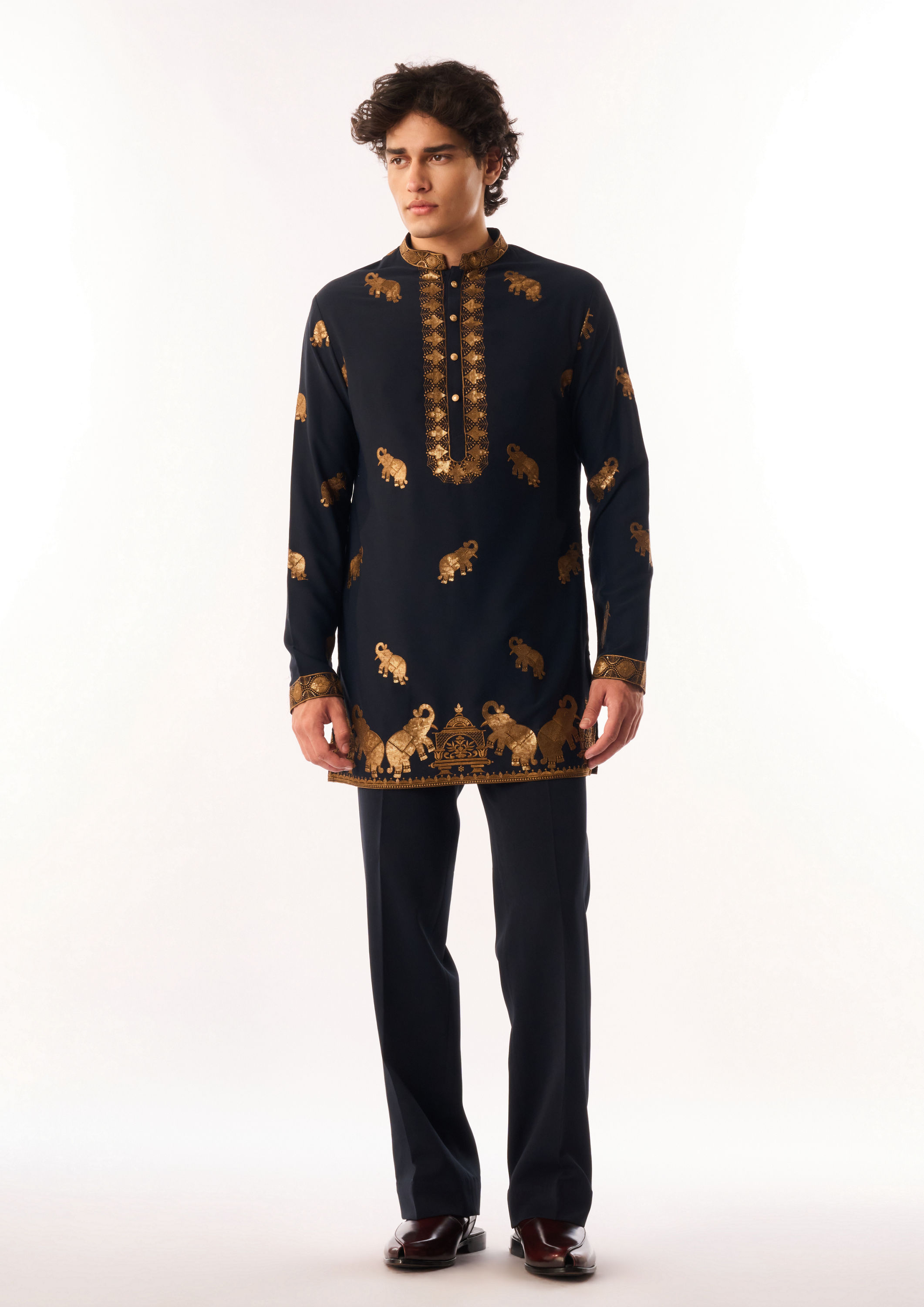 Twamev Men Dark Blue Crepe Kurta Set with Embroidery