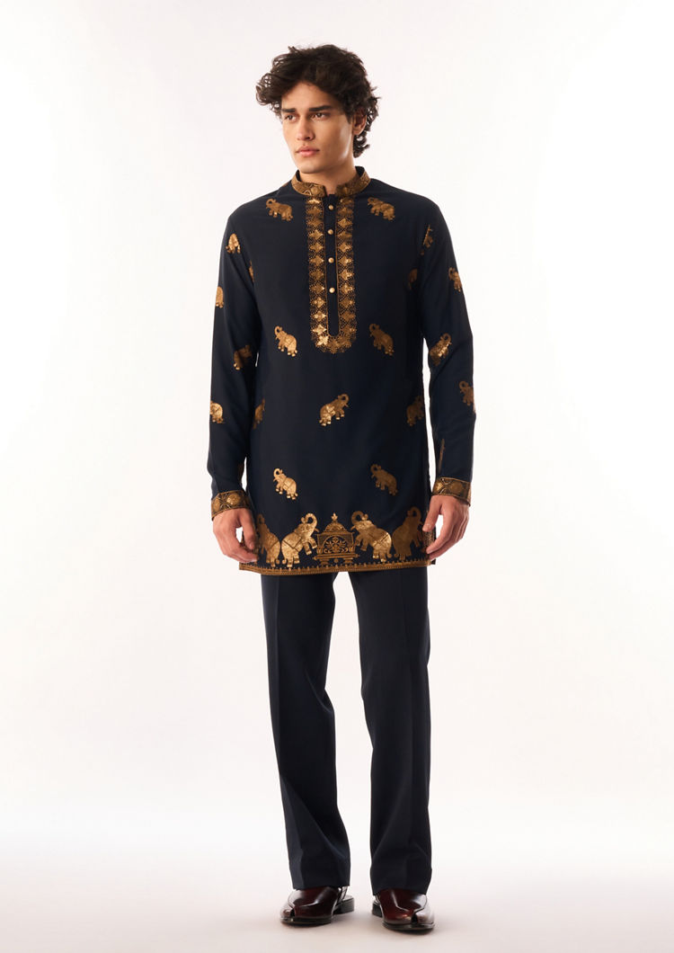 Twamev Men Dark Blue Crepe Kurta Set with Embroidery