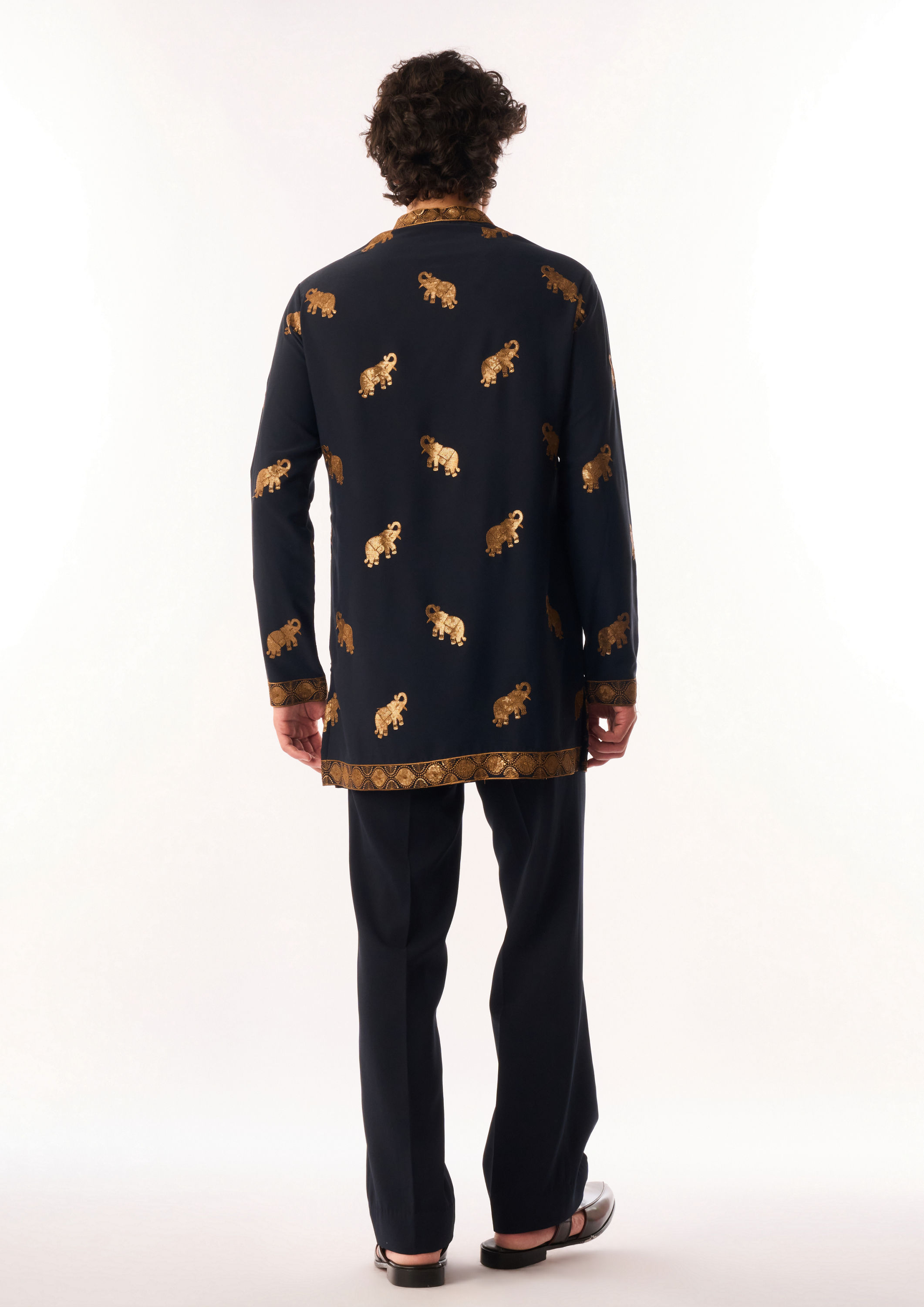 Twamev Men Dark Blue Crepe Kurta Set with Embroidery