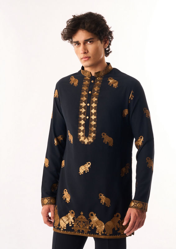 Twamev Men Dark Blue Crepe Kurta Set with Embroidery