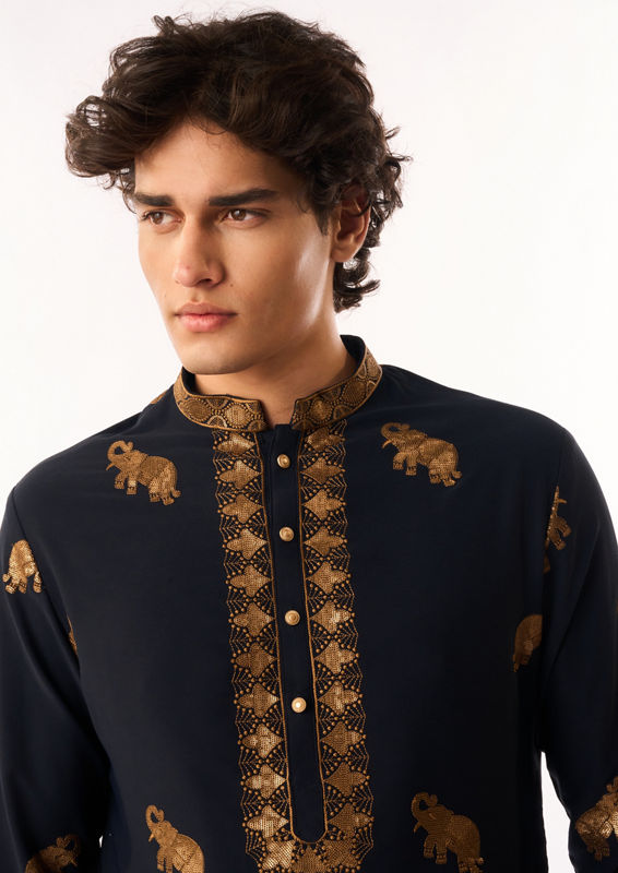 Twamev Men Dark Blue Crepe Kurta Set with Embroidery