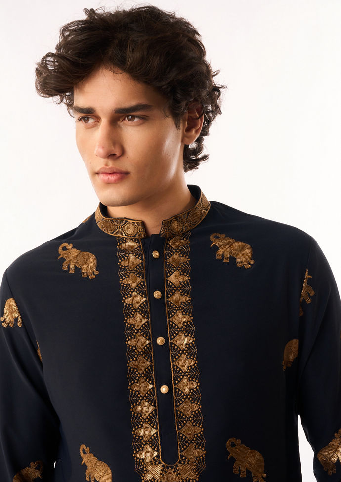 Twamev Men Dark Blue Crepe Kurta Set with Embroidery