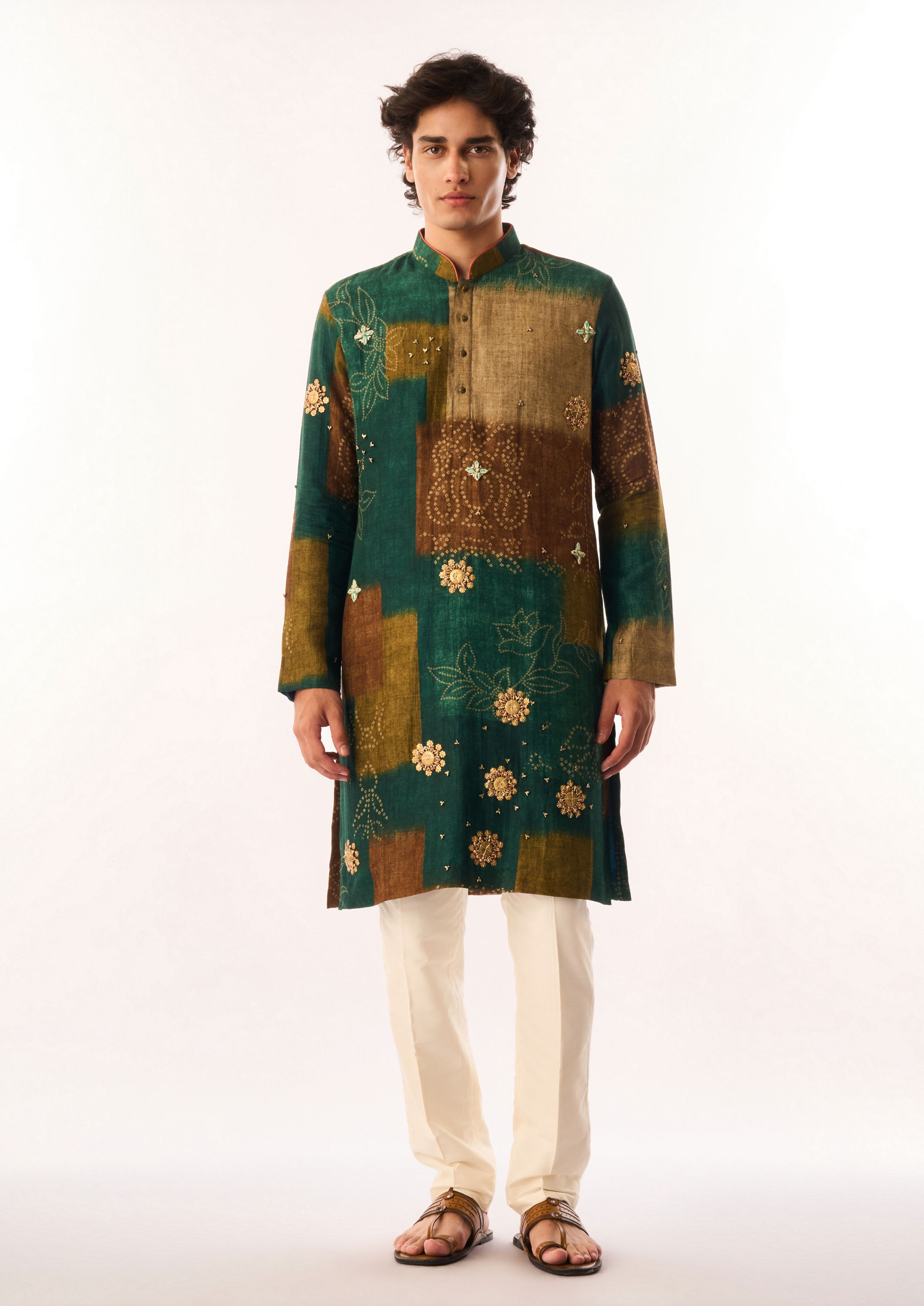 Twamev Men Dark Green Silk Kurta Set with Embroidery