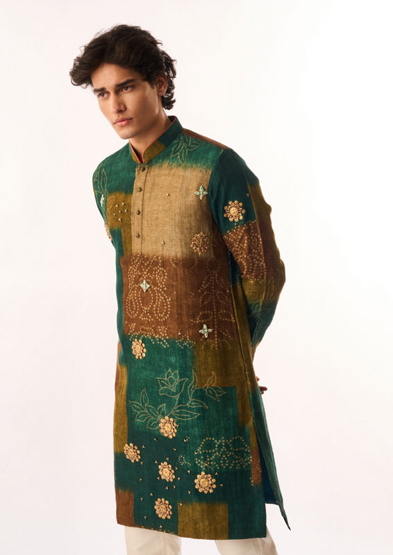 Twamev Men Dark Green Silk Kurta Set with Embroidery