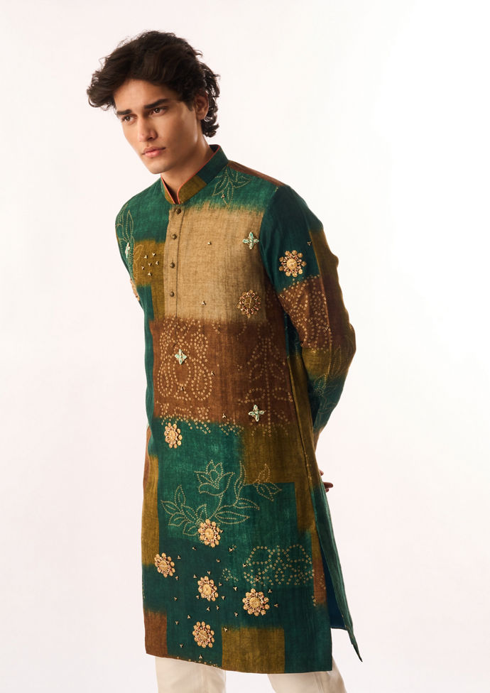 Twamev Men Dark Green Silk Kurta Set with Embroidery