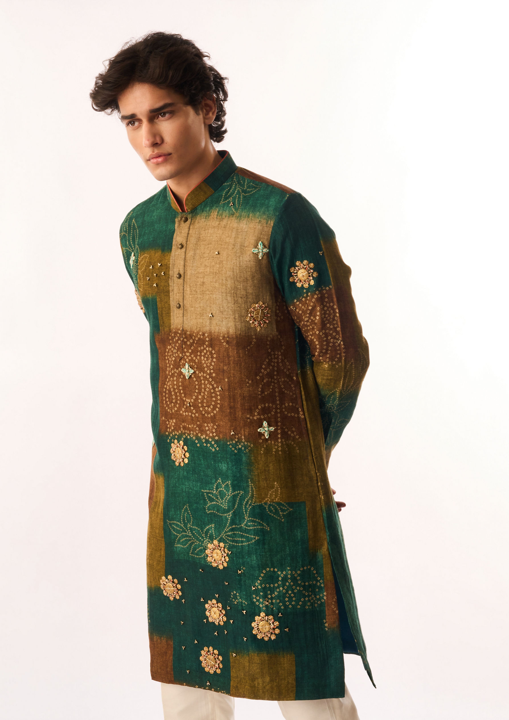 Twamev Men Dark Green Silk Kurta Set with Embroidery
