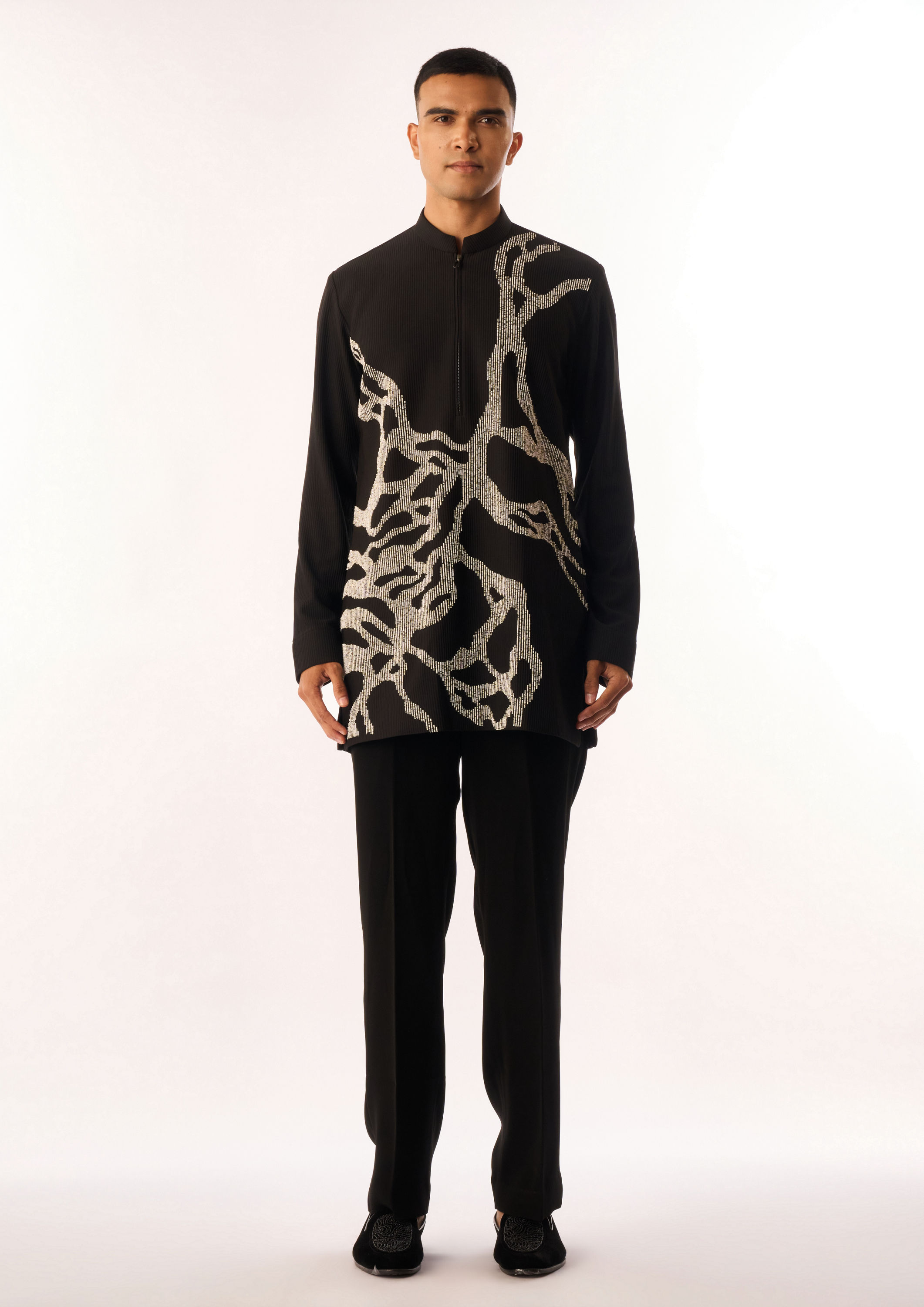 Twamev Men Black Crepe Kurta Set with Embroidery