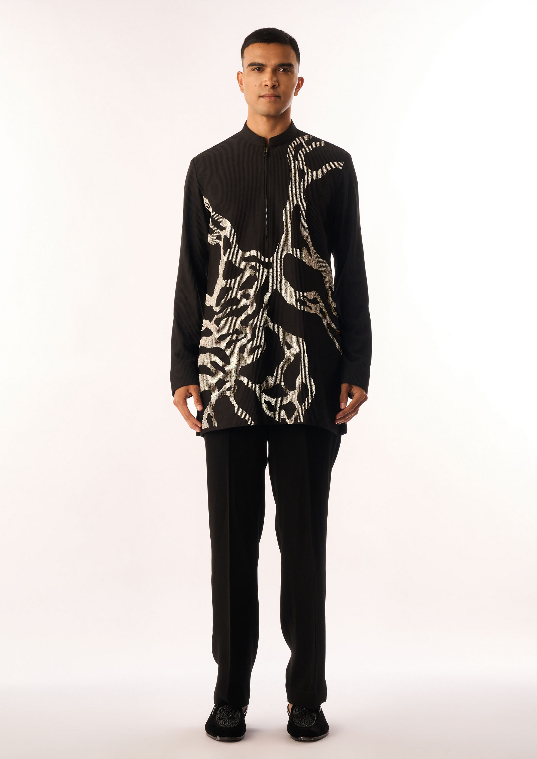 Twamev Men Black Crepe Kurta Set with Embroidery