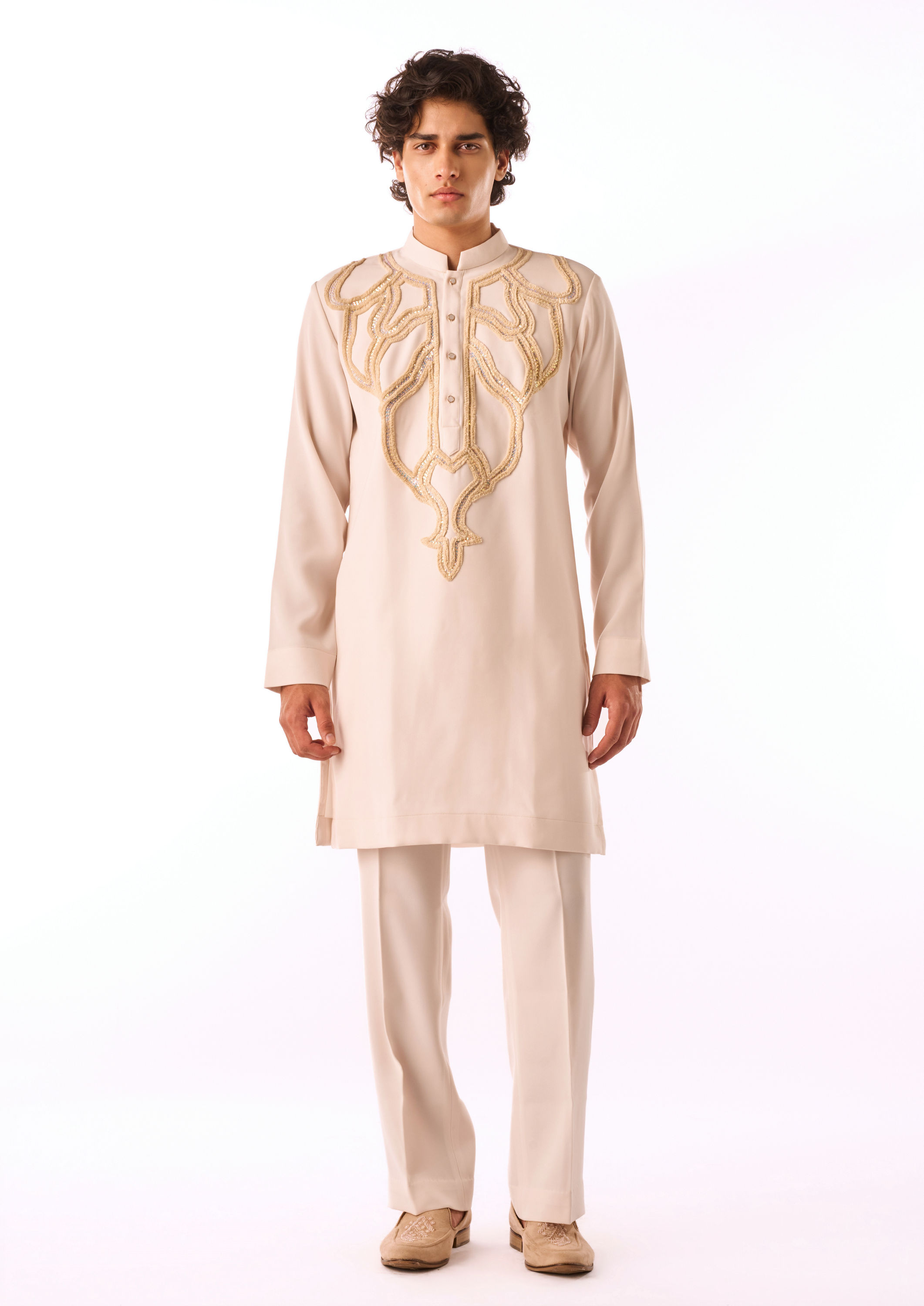 Twamev Men Ivory Linear Embroidered Kurta Set