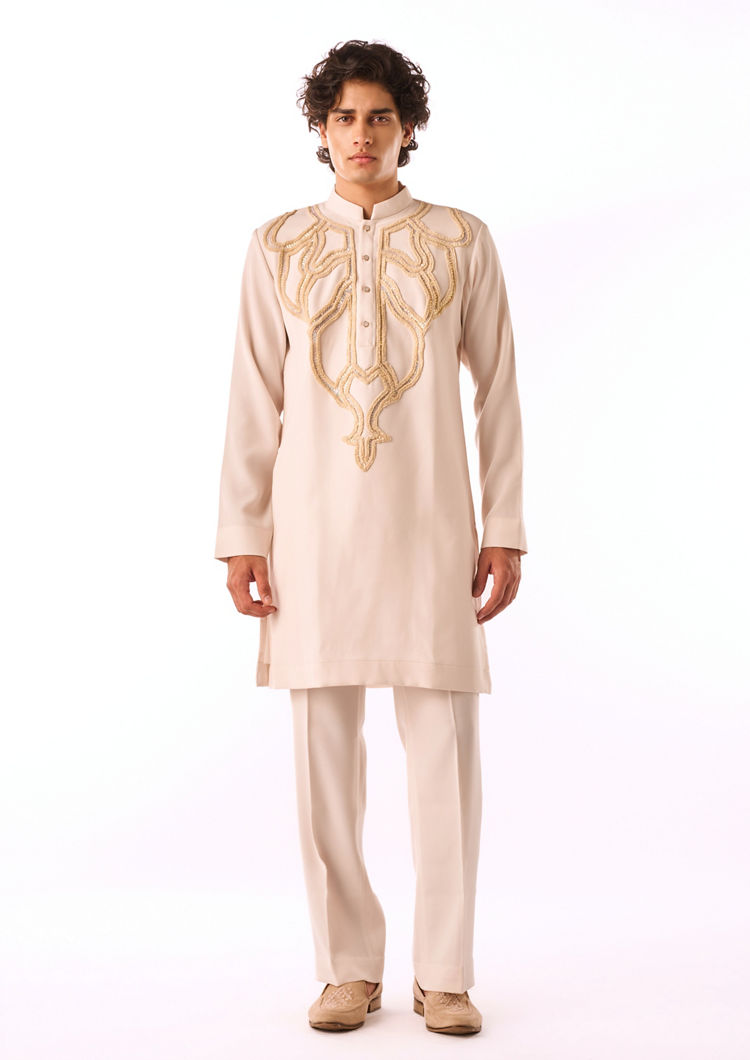 Twamev Men Ivory Linear Embroidered Kurta Set