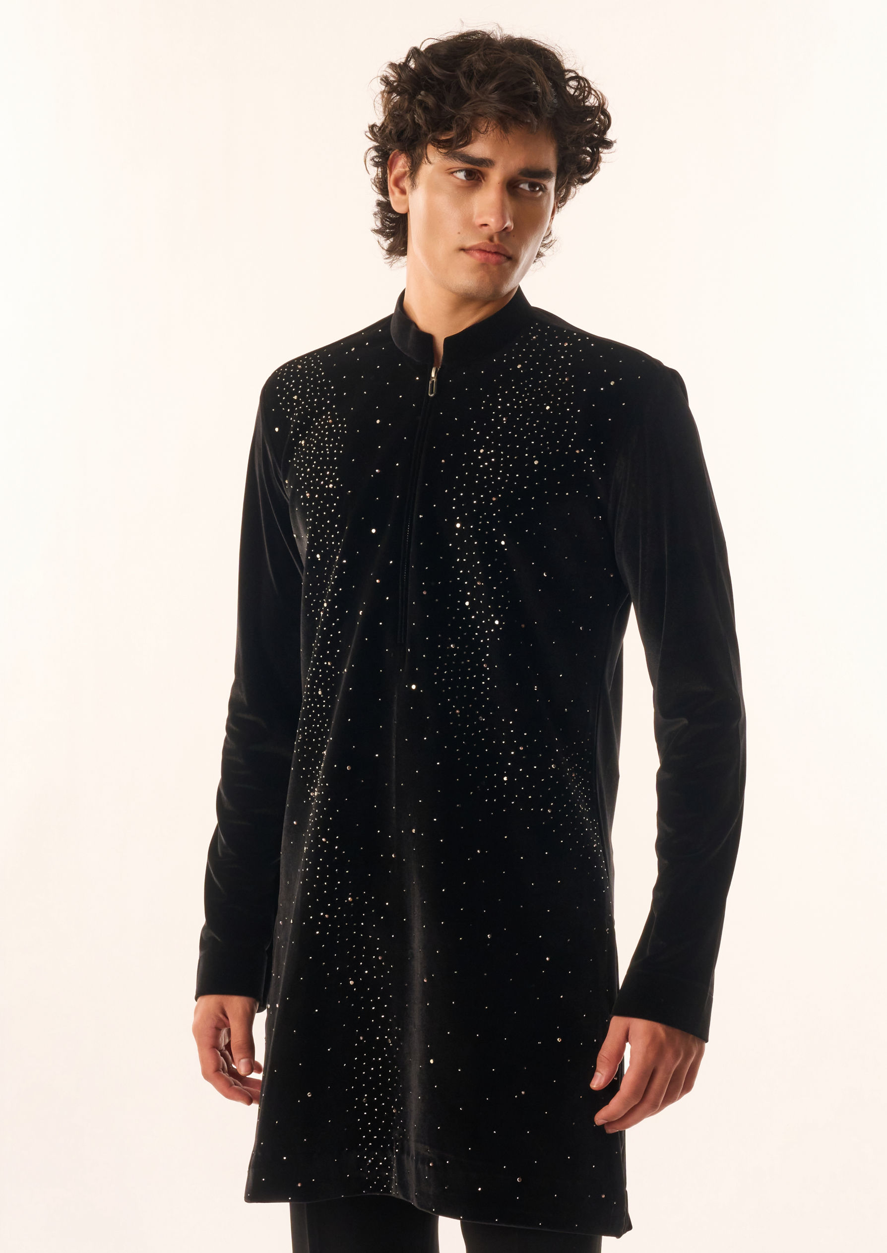 Twamev Men Black Crepe Kurta Set with Embroidery