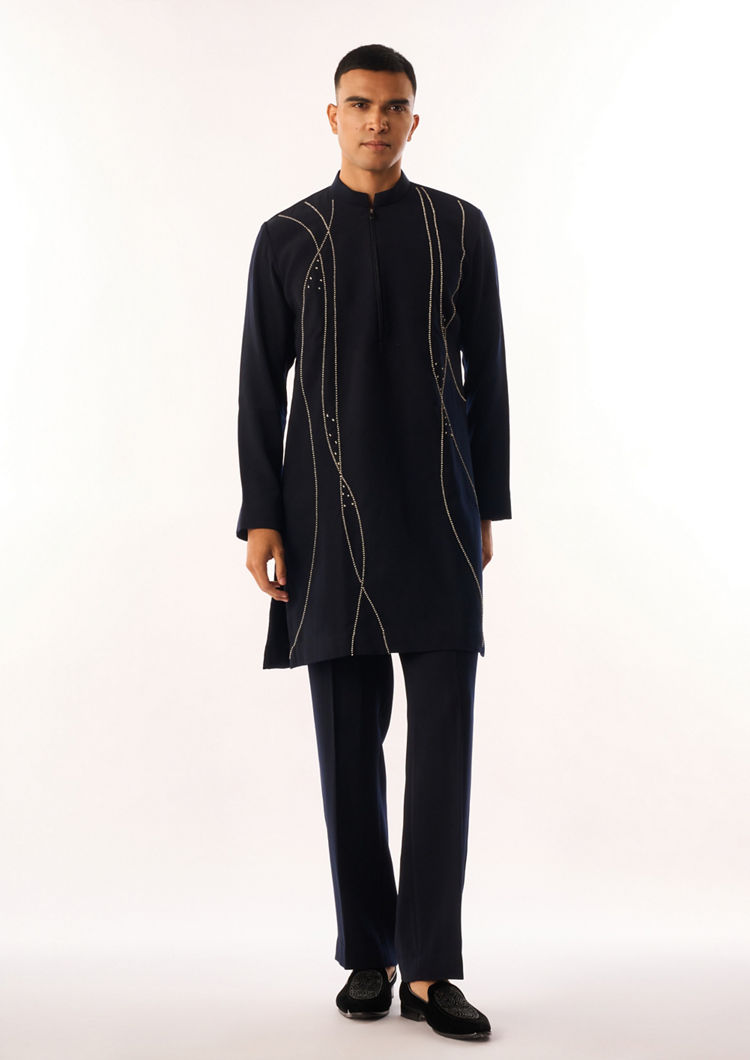 Twamev Men Dark Blue Crepe Kurta Set with Embroidery