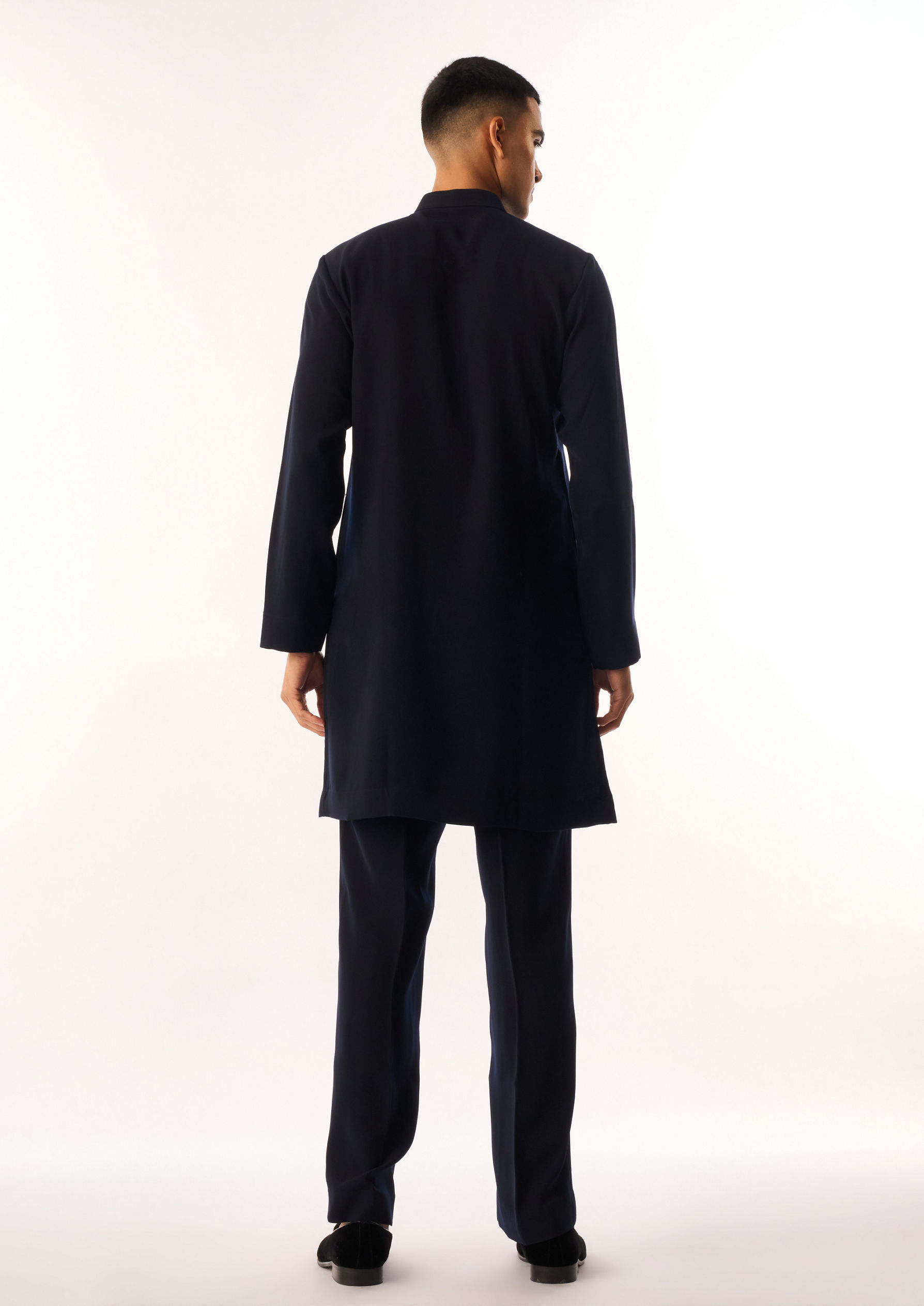 Twamev Men Dark Blue Crepe Kurta Set with Embroidery