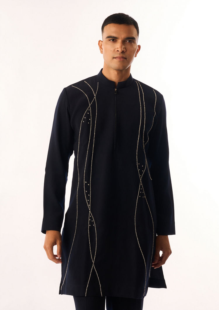 Twamev Men Dark Blue Crepe Kurta Set with Embroidery