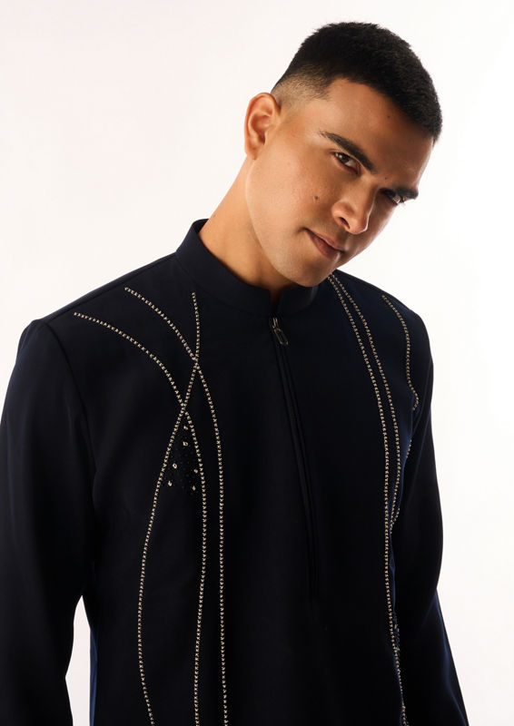 Twamev Men Dark Blue Crepe Kurta Set with Embroidery