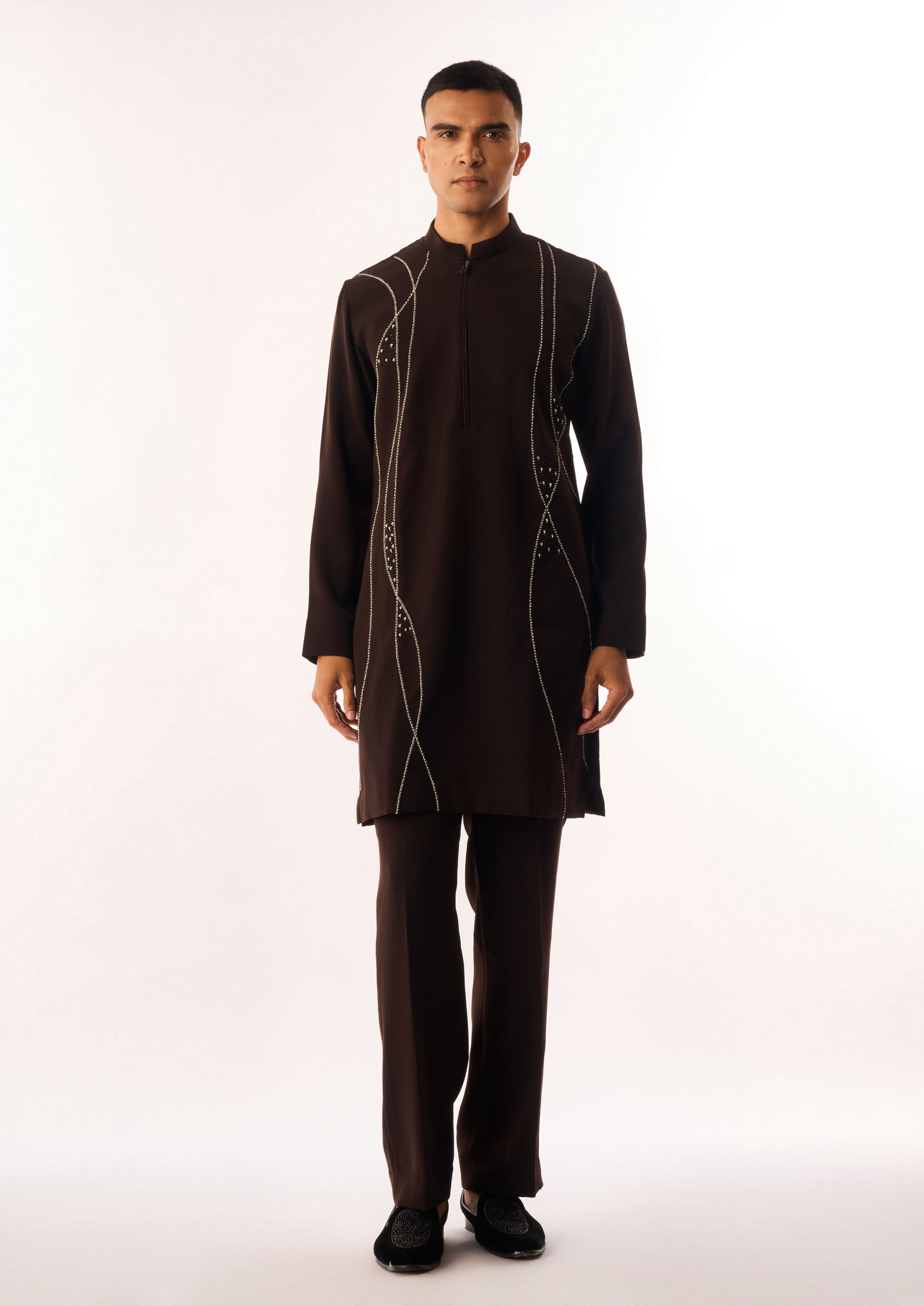 Twamev Men Brown Crepe Kurta Set with Embroidery