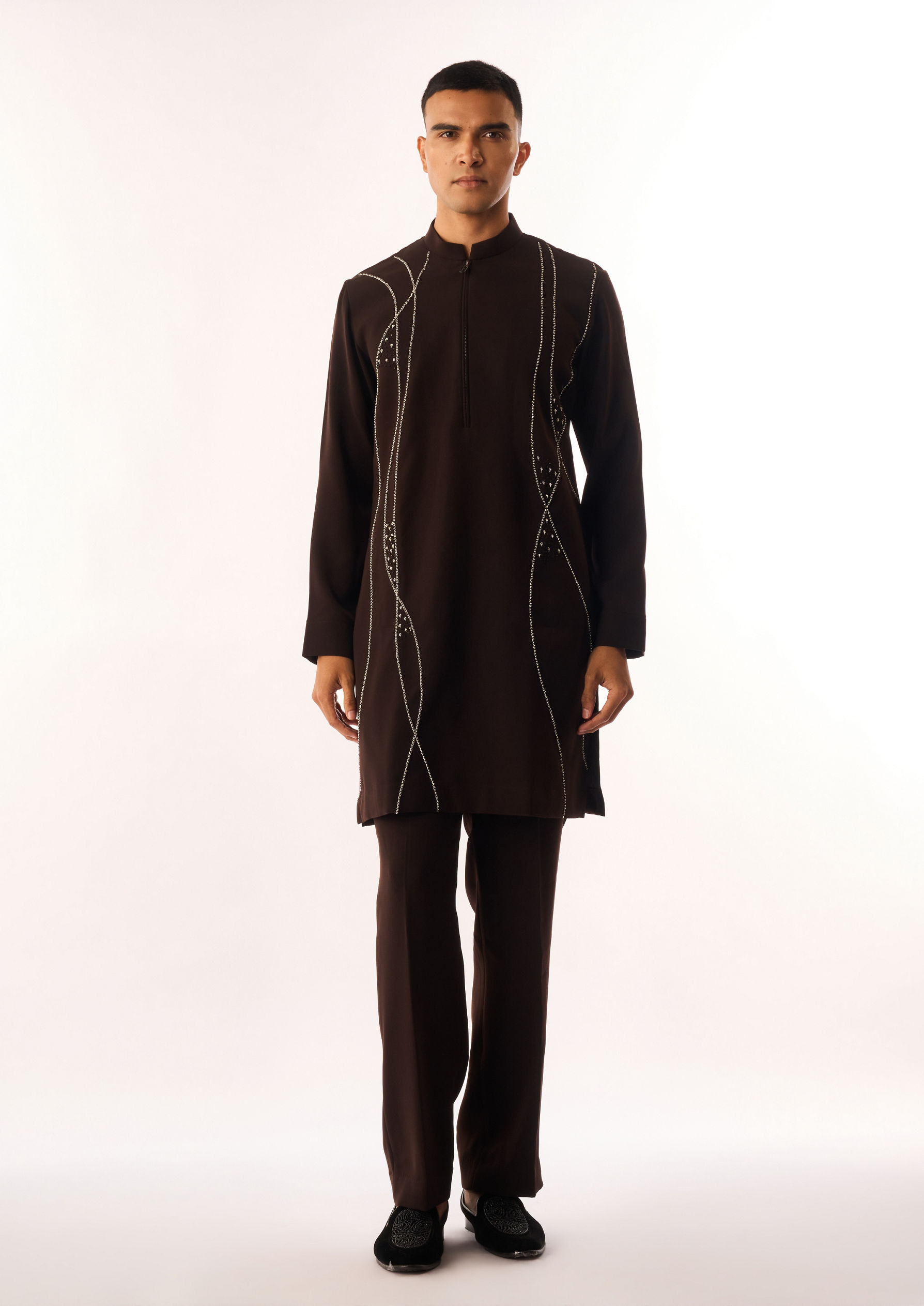 Twamev Men Brown Crepe Kurta Set with Embroidery