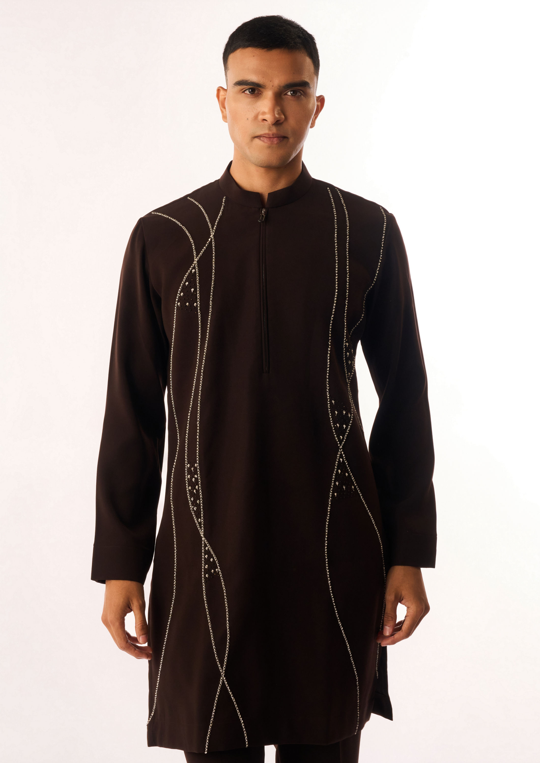 Twamev Men Brown Crepe Kurta Set with Embroidery