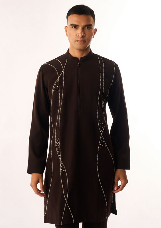 Twamev Men Brown Crepe Kurta Set with Embroidery