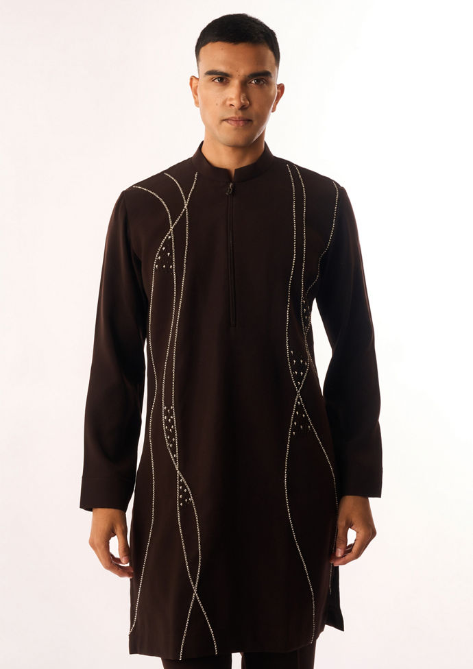 Twamev Men Brown Crepe Kurta Set with Embroidery
