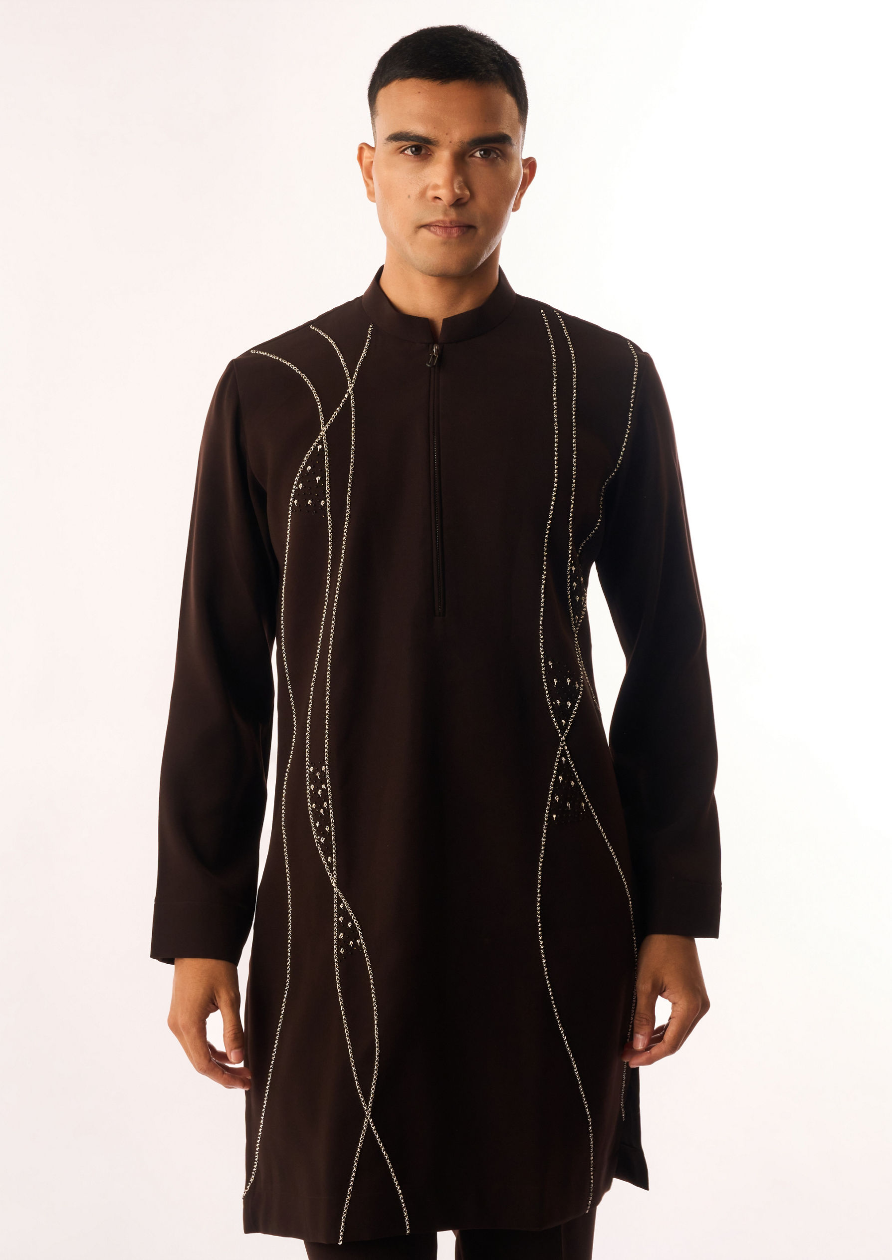 Twamev Men Brown Crepe Kurta Set with Embroidery
