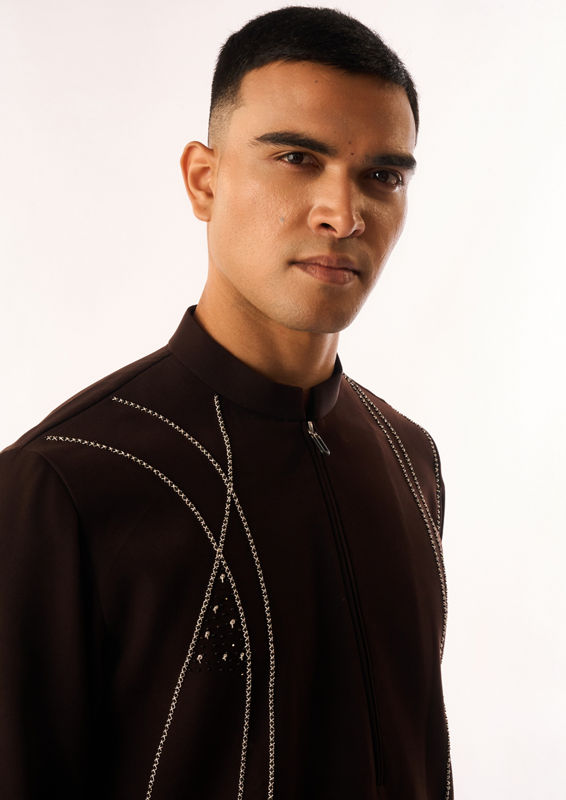 Twamev Men Brown Crepe Kurta Set with Embroidery