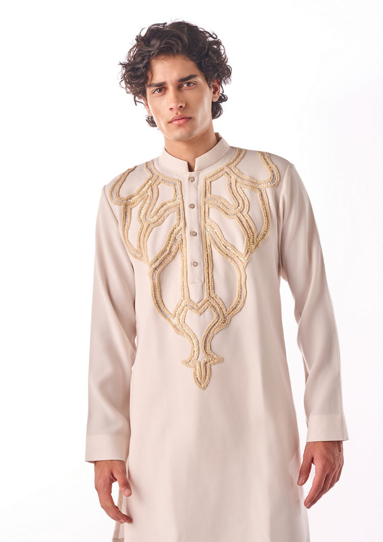 Twamev Men Ivory Linear Embroidered Kurta Set