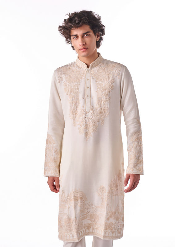 Twamev Men Ivory Thread Work Kurta