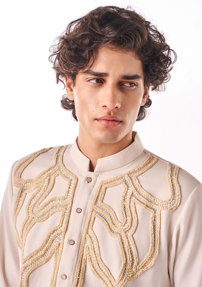 Twamev Men Ivory Linear Embroidered Kurta Set