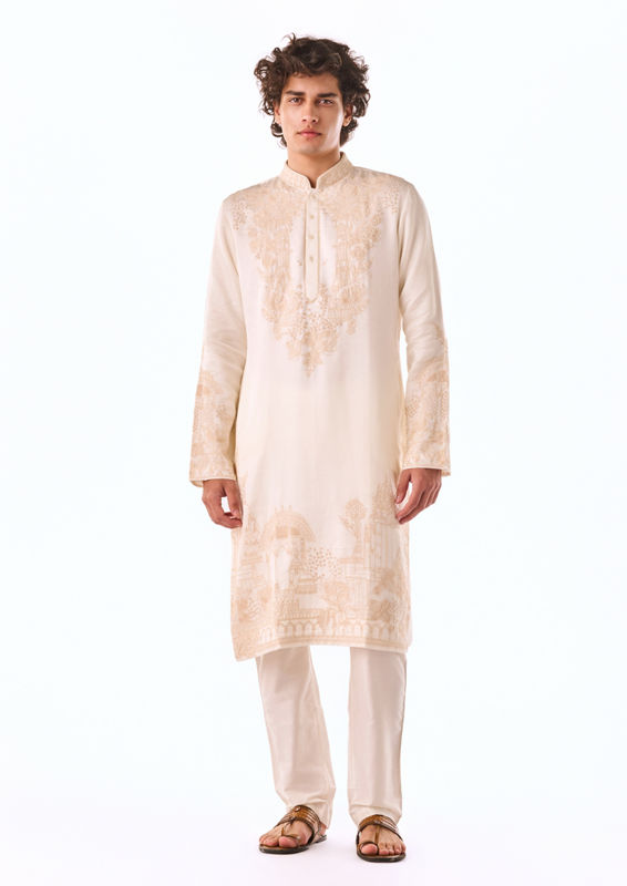 Twamev Men Ivory Thread Work Kurta