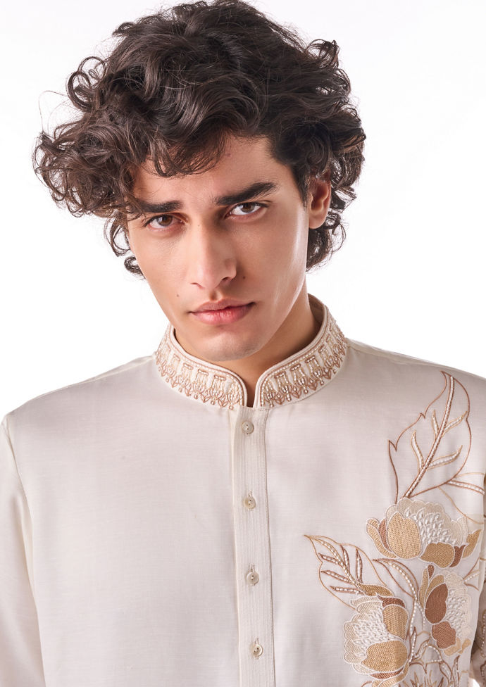 Twamev Men Ivory Beaded Kurta Set