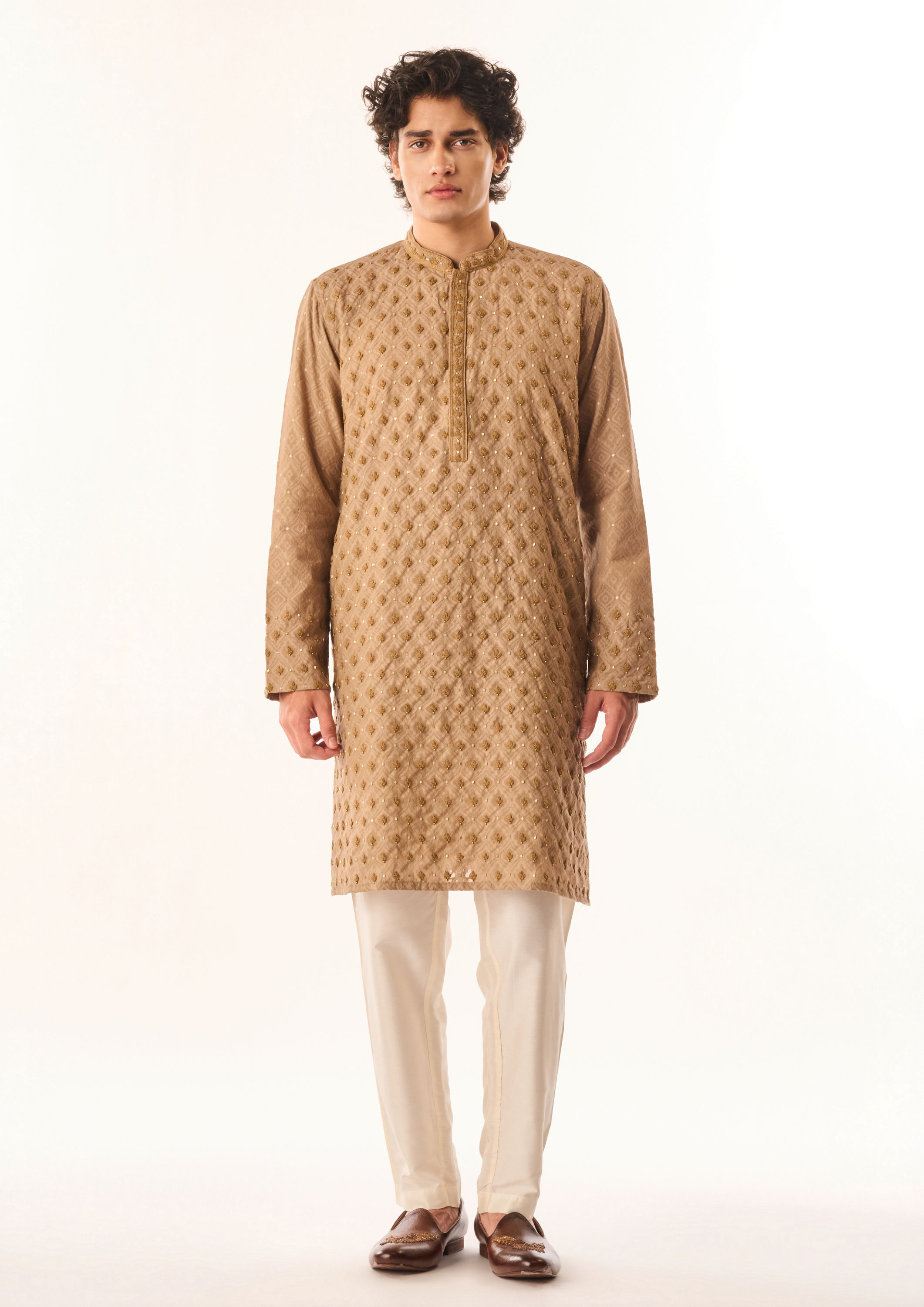 Twamev Men Fawn Chanderi Kurta Set with Embroidery