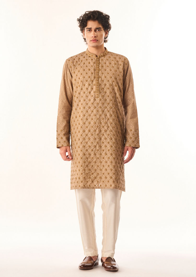 Twamev Men Fawn Chanderi Kurta Set with Embroidery