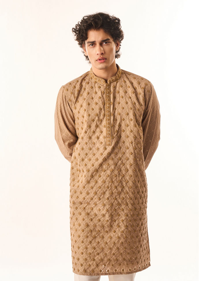 Twamev Men Fawn Chanderi Kurta Set with Embroidery