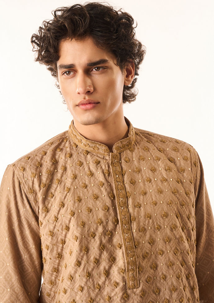 Twamev Men Fawn Chanderi Kurta Set with Embroidery