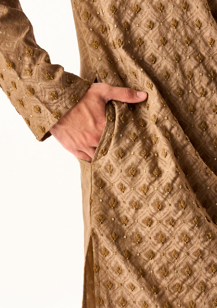 Twamev Men Fawn Chanderi Kurta Set with Embroidery