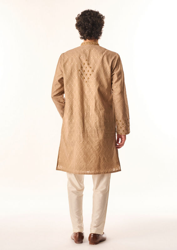Twamev Men Fawn Chanderi Kurta Set with Embroidery