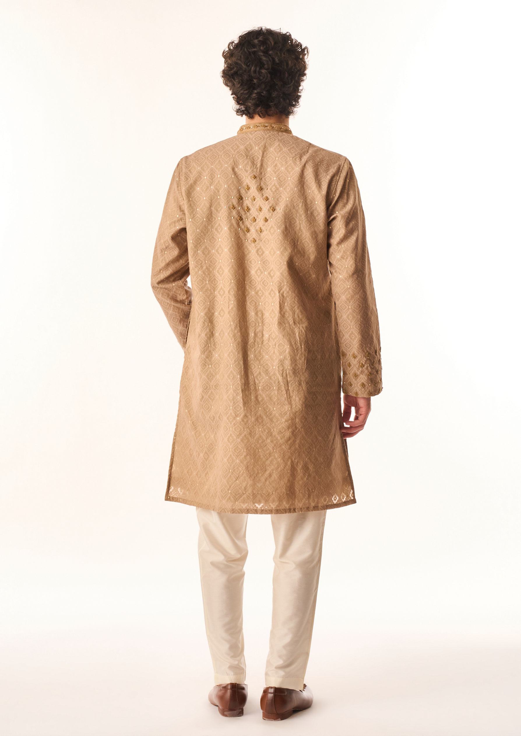 Twamev Men Fawn Chanderi Kurta Set with Embroidery
