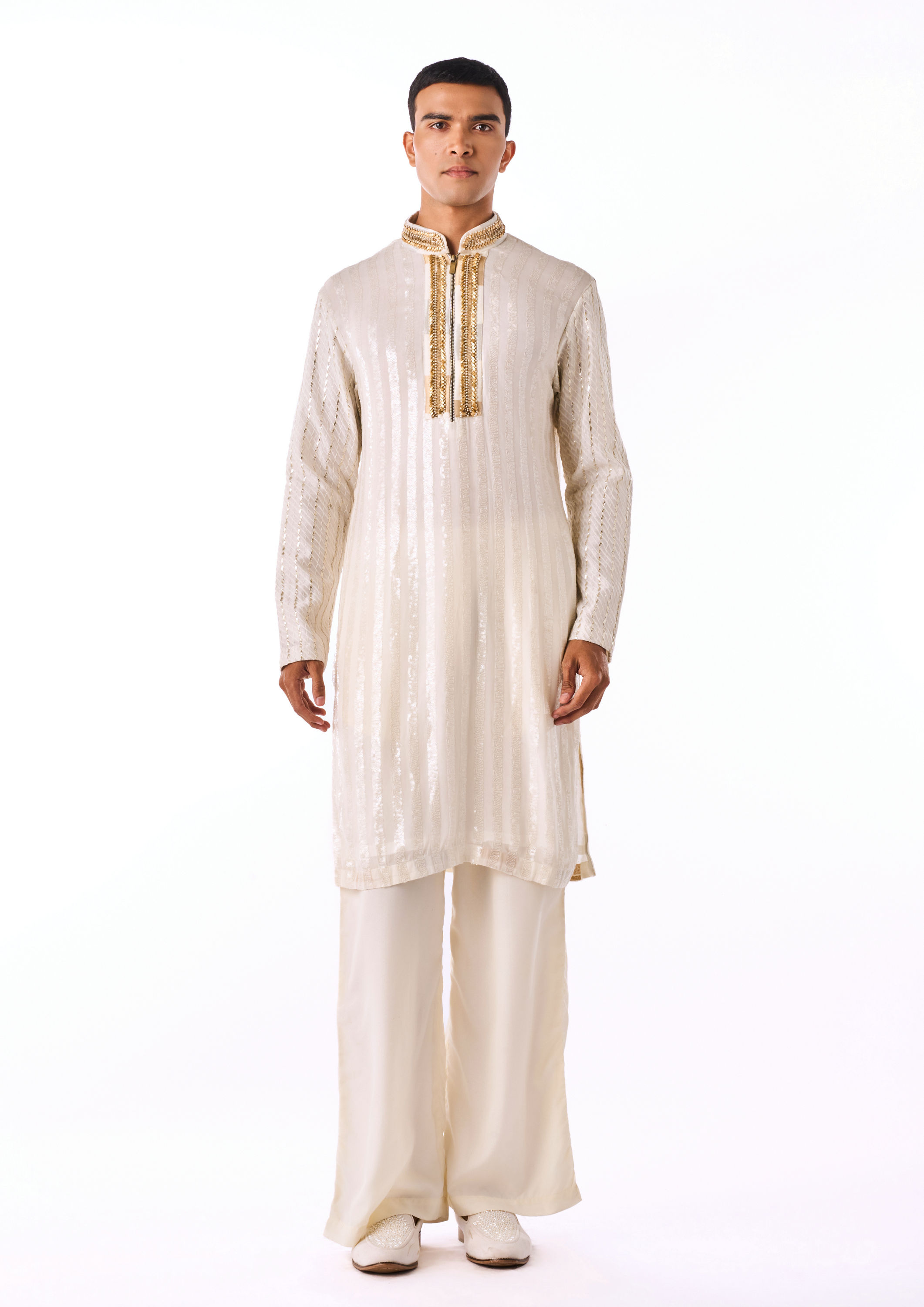 Twamev Men Warm White Gold-Printed Kurta Set