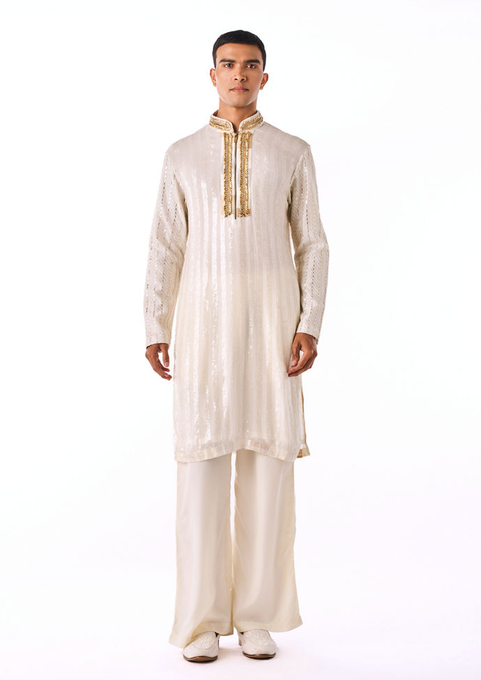 Twamev Men Warm White Gold-Printed Kurta Set