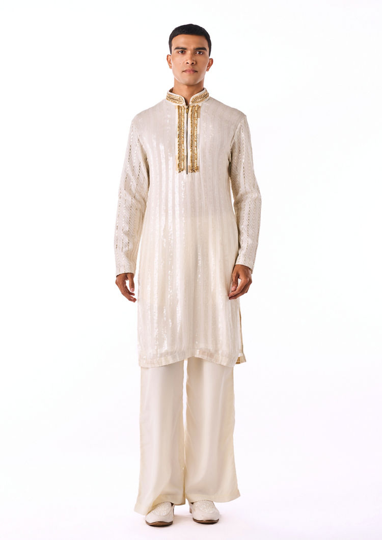 Twamev Men Warm White Gold-Printed Kurta Set