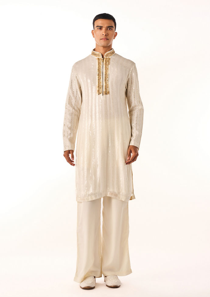 Twamev Men Warm White Gold-Printed Kurta Set